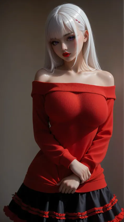 A beautiful korean woman with long straight white hair, straight bangs, big purple eyes, red lips, big breasts, shiny skin, and very pronounced cleavage stands facing viewer, though an extremely modern girl dressed in modern colorful fashion who could be m...