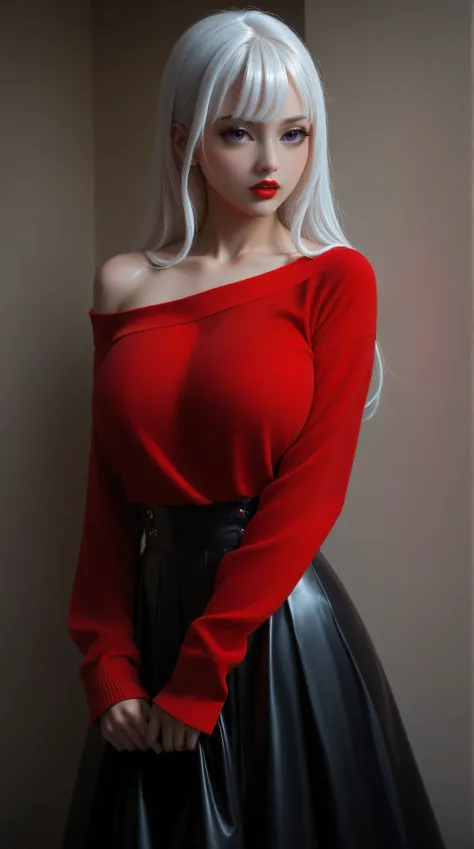 A beautiful korean woman with long straight white hair, straight bangs, big purple eyes, red lips, big breasts, shiny skin, and very pronounced cleavage stands facing viewer, though an extremely modern girl dressed in modern colorful fashion who could be m...