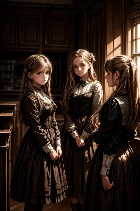 three young girls in victorian era dresses,playing at school,realistic,photorealistic,detailed portrait,intricate,cinematic lighting,soft focus,warm colors,golden hour,oil painting,highly detailed,masterpiece,4k,ultra-detailed,dramatic,beautiful,elegant,wh...