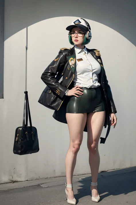 formal art,  detailed , masterpiece, (one girl),feminine, pretty face, mature, Charming face, , Green hair,  short haircut ,breasts,  butt, who,  full body , (disguising:1.2), ( white hat :1.3), Military, Headphone, bag,  uniform , bag الخصر, glasses, Head...