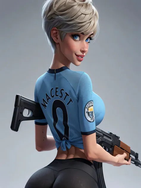 CGI 4D panel, girl with short blonde Pixie hair, blue eyes, juice lips,wearing a Manchester city shirt,shirt tied at the bottom showing the belly and back, and black leggings, bust, full body, thick thighs, she holding an AK-47 in her hands while smiling, ...