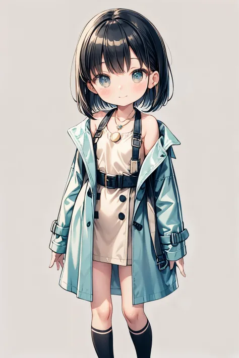 "Create a cute 2D chibi-style girl with a dark complexion, wearing stylish sunglasses and a classic trench coat. The character should be depicted from the front in a full-body view, maintaining a neutral and relaxed stance without any specific pose. She sh...