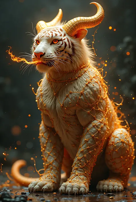 A mythical creature with the muscular body of a tiger, covered in fur that shimmers like diamonds. It has the head of a human with a serene yet authoritative expression, exuding wisdom and power. Large, curved horns extend from its head, and its feet resem...