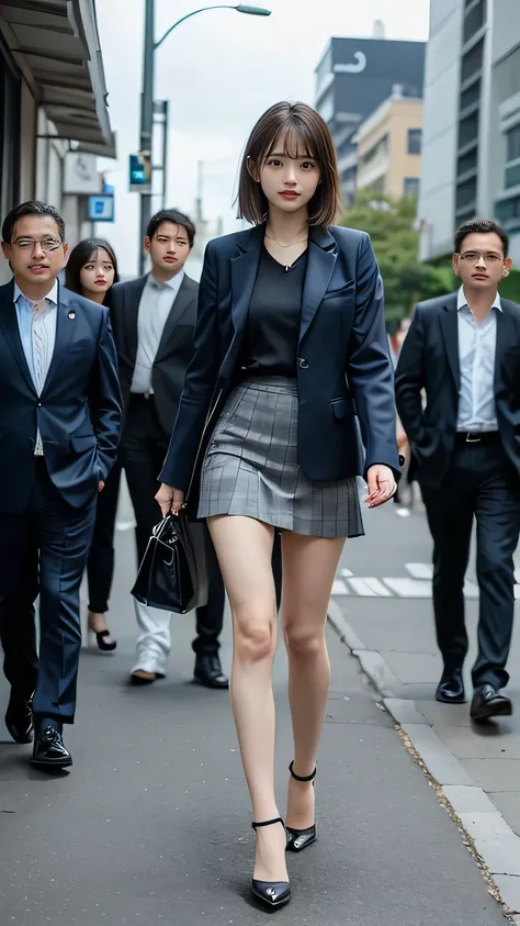 Woman with short brown hair 、 pleated skirt, very Sexy costumes, wearing a strict business suit,   Real anime girls  ,   anime girl cosplay,   teeth、 walking down the street in a stylish and luxurious cosplay , Sexy costumes,   a man in a fashion suit  , b...