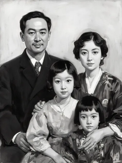 japanese family of adult man, adult wife and a ager daugher close to her younger sister, black and white, oriental, old portrait, detailed facial features, oil painting, big brushes, 4k, deitailedd