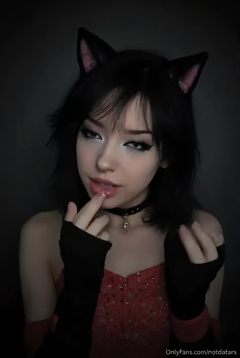 dancing, high resolution, emo makeup, cat ear accessory, look naughty,  sexy smile ,eye pencil, Portrait, e-girl, dark BACKGROUD 