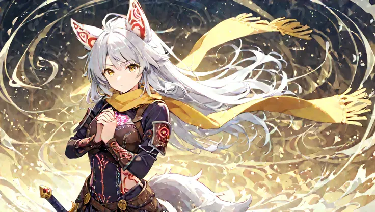 A warrior dog-eared girl with short, spiky white hair and bright yellow eyes filled with determination. Her dog ears are perked up, and her tail sways with confidence. She wears a leather armor set with intricate engravings, paired with a yellow scarf flow...