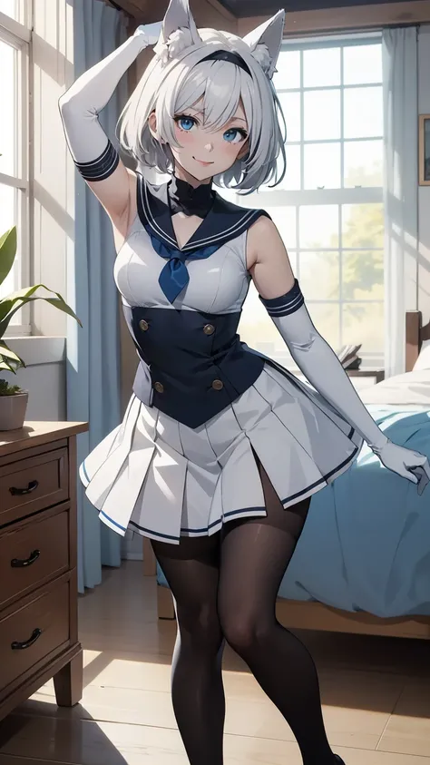 table top　   oconnor   　best quality　8k　      Adult Female  　      anime style 　standing（lean forward）　full body（hire.Fix it:3） 　   white sailor suit（Sleeveless） pleated skirt（ navy）　 white long gloves （  elbow gloves on my armpit tongue     ）　 white panty...