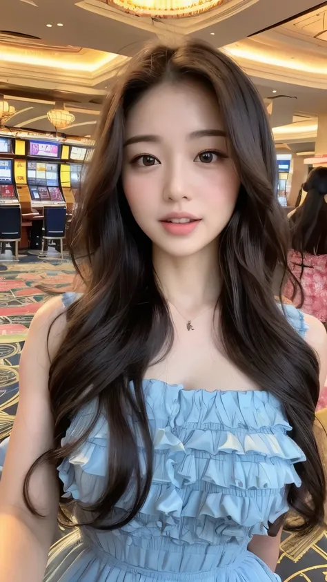 (Best Quality, 8k, 32k, Masterpiece, UHD:1.3), (Photo of Attractive Japanese Woman), 1 Girl, (super huge :1.2), (long wavy hair), Abs, Perfect Body, Ultra Detailed Face, Detailed Lips, Fine Eyes, double eyelids, frilly sundress, casino ((gambling)), (seduc...