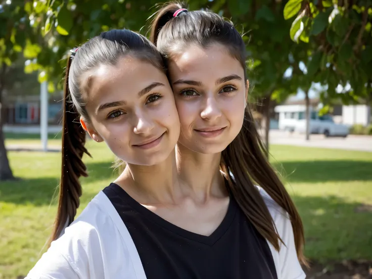 2heads, highly detailed, best resolution, closeup, two-headed girl, age 15, cute, pale skin, dark brown hair in a ponytail, she is wearing a comfortable white shirt, outside of her school,