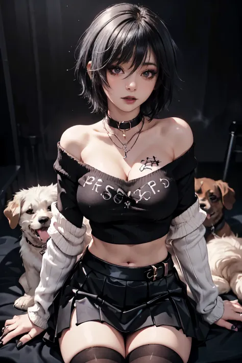 Girl, woman, emo_hairstyle, black lipstick, dog collar, necklace, eyeliner, eye shadow, smoky eyes, realistic lighting, tattoos, body writing, short hair, shiny skin, big breast, short skirt, off shoulder midriff sweater, thighhighs. 