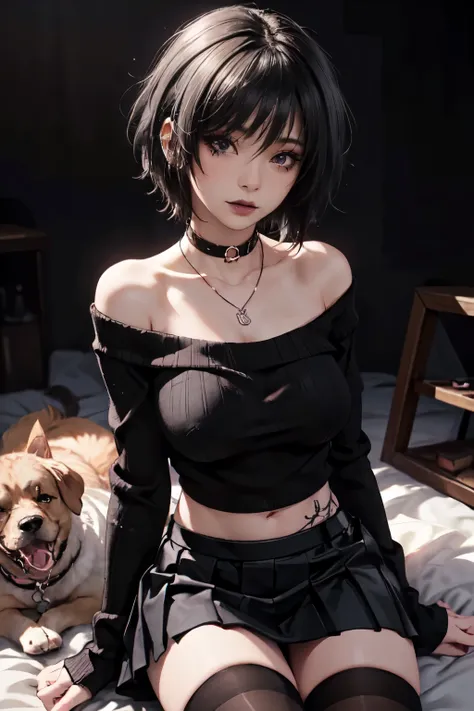 Girl, woman, emo_hairstyle, black lipstick, dog collar, necklace, eyeliner, eye shadow, smoky eyes, realistic lighting, tattoos, body writing, short hair, shiny skin, big breast, short skirt, off shoulder midriff sweater, thighhighs. 