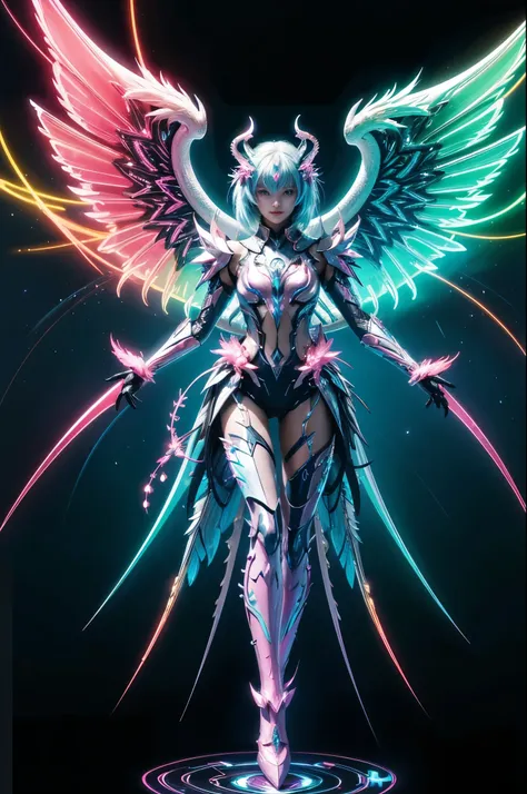 1girl, Armor, Wings, beautiful dragon, futuristic evolved Nekomata, (Neon glowing body), 2 tails, holographic, (The wings are symmetrically paired;1.5), Long shot,