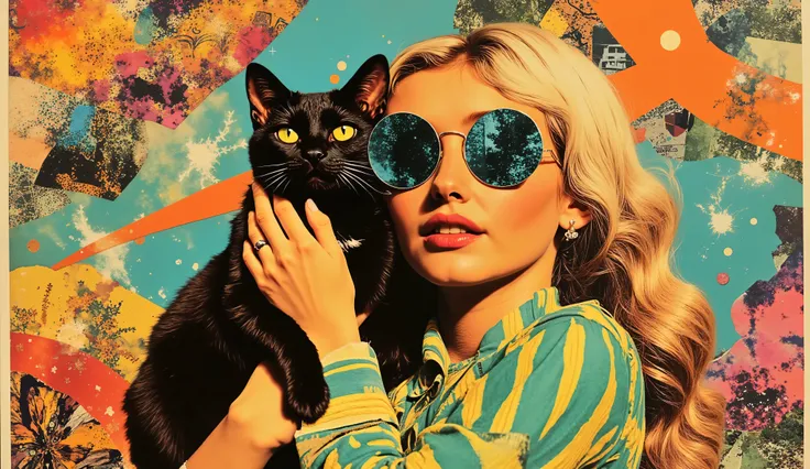an illustration of a woman hugging a black cat with bright yellow eyes in a psychedelic 70s environment, in the style of Peter Max, surrounded by bold abstract patterns and geometric shapes, woman with long wavy hair and oversized round sunglasses wearing ...