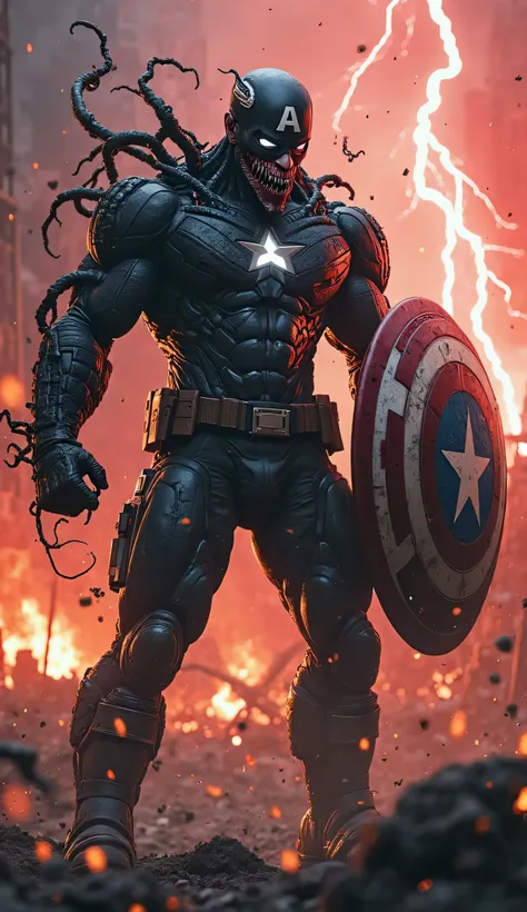 Ultra-detailed, cinematic, hyper-realistic horror scene. A monstrous fusion of Captain America and Venom stands in the midst of a burning battlefield, his towering figure consumed entirely by the symbiote. His muscular form is now a writhing mass of black,...