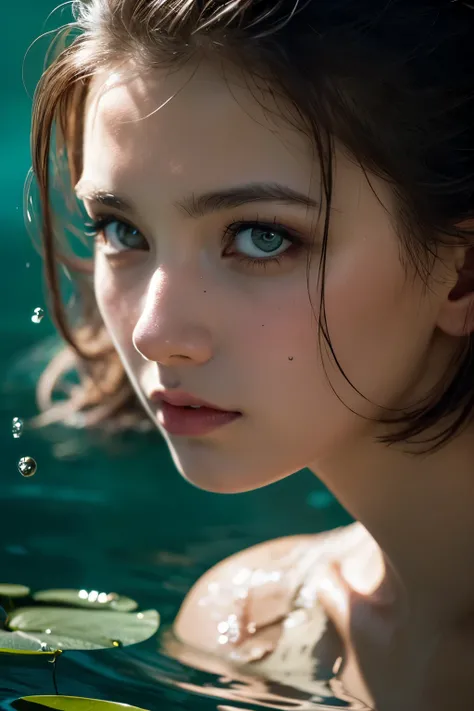 Cinematic-style photograph, digital medium. Close-up of a woman partially submerged in water with intense, expressive eyes peering above the surface. Streamlined dark hair slicked back, reflecting natural light. Surrounding environment features lily pads a...