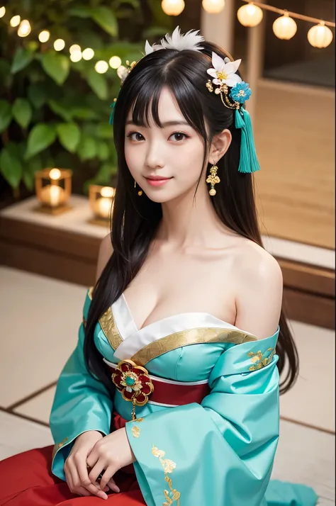 A girl , idol, detailed shrine maiden clothes, Full body shot, turquoise blue and gold shrine maiden clothes, Luxury shrine maiden clothes with detailed embroidery, bare shoulders, long hair, wearing transparent , best quality, (hair ornament:1.35), jewelr...