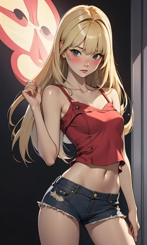 masterpiece, high detail, a girl ,Eunchae, beautiful, Korean, slim and tall, skinny, straight hair, blond, fringe, black eyes, blush, red top and shorts, flat chest, sexy pose, half body, textured skin, standing, detail in the hands, head on,