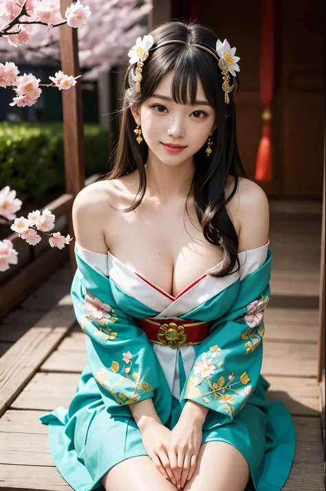 A girl , idol, detailed shrine maiden clothes, Full body shot, turquoise blue and gold shrine maiden clothes, Luxury shrine maiden clothes with detailed embroidery, bare shoulders, long hair, wearing transparent , best quality, (hair ornament:1.35), jewelr...