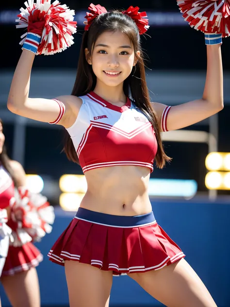 (Best-quality, Masterpiece, Ultra High Resolution, (Photorealistic:1.4), Raw Photo, depth of field, professional lighting, perfect anatomy, extremely details),  
1girl, 15-years-old, the most famous Japanese idol, booty pose, ((wearing cheerleading uniform...