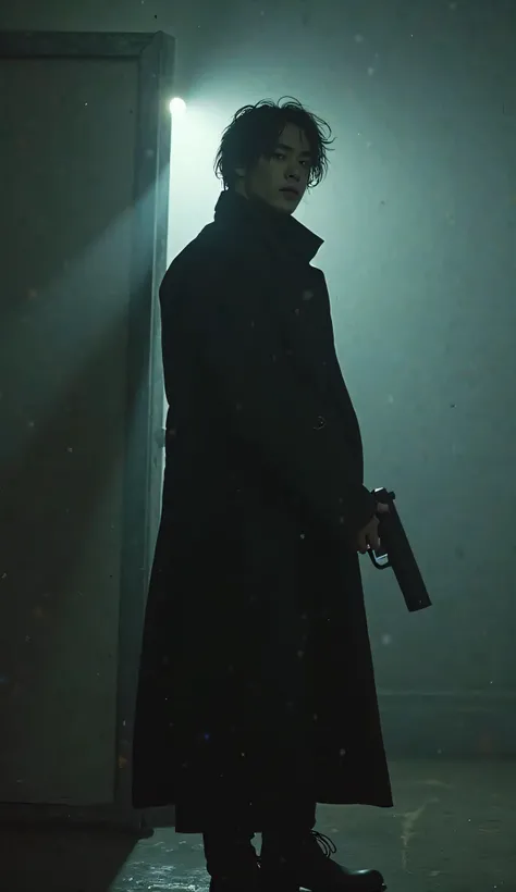 there is a man standing in a room with a gun, young wan angel, key still, he is wearing a black trenchcoat, still from a music video, inspired by Kim Deuk-sin, he's very menacing and evil, inspired by Kim Myeong-guk, a still of an ethereal, (mist), his eye...