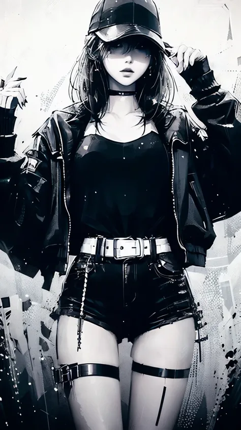 anime girl in black and white with a baseball cap and leather shorts, black clothes, wearing black clothes, by Yang J, artwork in the style of guweiz, style anime, dark clothes, cyberpunk anime girl, all black cyberpunk clothes, 1 7 - year - old anime goth...