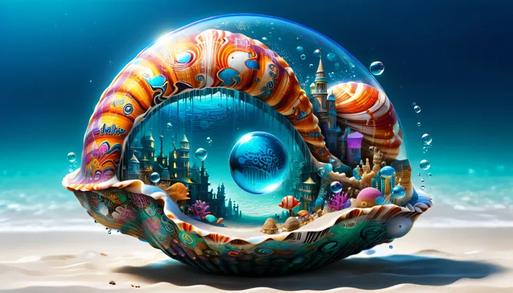 Realistic photo, Detailed digital illustration of a magic shell that fulfills wishes in a floating city with transparent seabed bubbles ais-graffiti, Twinkle light , donmsp3Ctr4lxl