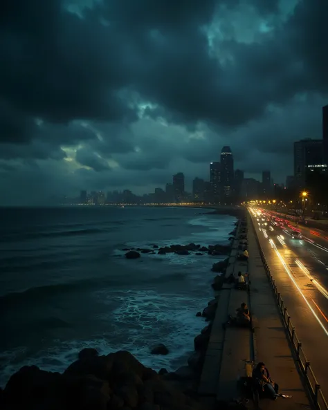 "A stunning long-exposure view of Marine Drive at night, with the Queen’s Necklace glowing in the distance. The Arabian Sea reflects the bright lights of Mumbai’s skyline, creating a magical atmosphere. A couple sits on the promenade, enjoying the cool sea...