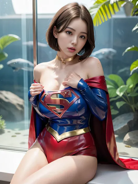 masterpiece、Latex Supergirl Costume、Off Shoulder、Ultra short hair、Big, Fuller Breasts、 Shiny Sweaty Skin 、face to face、choker、Provocative cleavage 、 Long Sleeve、cloak、Glamorous bare legs、Close up shot of a young slutty supergirl sitting in front of a huge ...