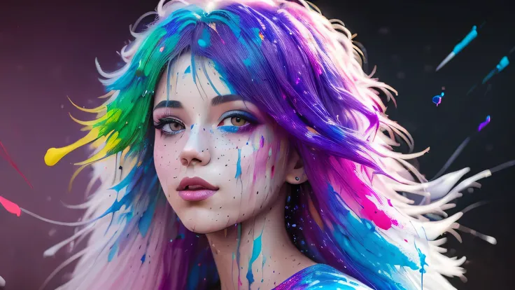 (Level difference :1.8),(paint collides and splashes on the canvas),(depth of field),1girl's side blends into it,((side)), open mouth ,(  liquid pigment rainbow hair  :1.1) Made from paint ,and contrary to gravity, thick flowing ,(Paint splatter:1.3),Liqui...