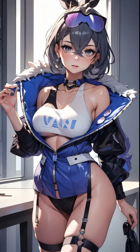 ((Best quality)), ((masterpiece)), 1 girl, sexy, stylish, mature, elegant, evil, sharp jawline, dressed in a silver-blue long coat and black translucent stockings, big , shirtless, braless, black sexy panties, blue colored inner hair, smooth shiny skin.