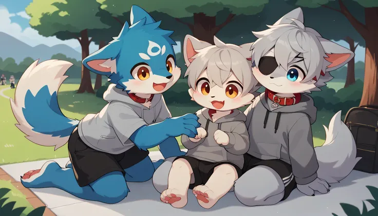    Happy dancing in detail,gray hair and gray fur, blue fur   ,Blue Wolf  ,Shemono ,Age 15,Participation,The red collar fell to the floor , cute face,fluffy fur,Cute furry creatures dance  ！Horny boy,Eye patch,Chuunibyou,Park Background,embarrassed face, c...