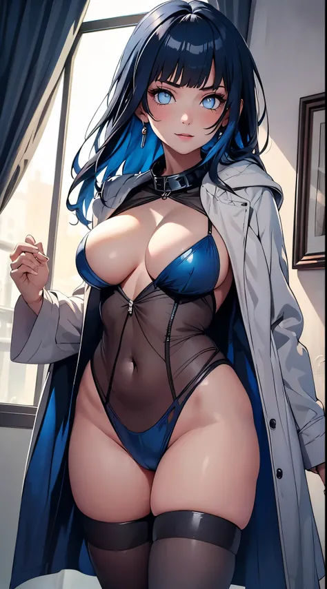 ((Best quality)), ((masterpiece)), 1 girl, sexy, stylish, mature, elegant, evil, sharp jawline, dressed in a silver-blue long coat and black translucent stockings, big , shirtless, braless, black sexy panties, blue colored inner hair, smooth shiny skin.
