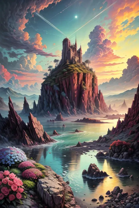 Masterpiece, Large island, colored flowers. Beautiful sky and rocks in the distance. Adventure landscape . Maximum quality,  Detailed.