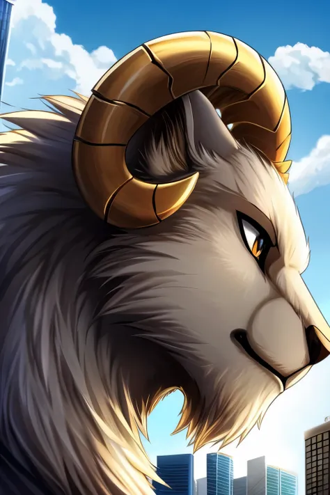 male, ram, fluffy fur, slim body, anthropomorphic ram, side view, source anime, ((full body)), low view, macro