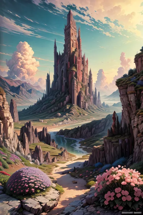 Masterpiece, Large island, colored flowers. Beautiful sky and rocks in the distance. Adventure landscape . Maximum quality,  Detailed.