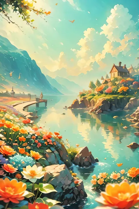 Masterpiece, Large island, colored flowers. Beautiful sky and rocks in the distance. Adventure landscape . Maximum quality, Detailed.