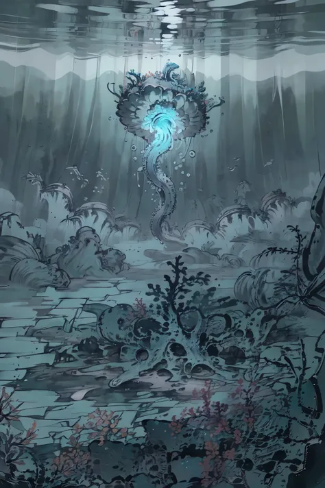 "Underwater concept art, no words. A naga sea witch (bioluminescent scales, coral crown) rides a seahorse through Vashj’ir’s kelp forests. Top-down perspective shows sunken elven ruins, colossal jellyfish, and a kraken lurking in the abyss. Palette: deep b...