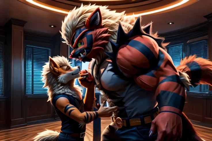 duo, large male inceneroar (lean body, anthropomorphic inceneroar, tall) roughhousing with short male arcanine (male, arcanine, lean body, anthropomorphic arcanine, short), clothed, size difference, bright aura