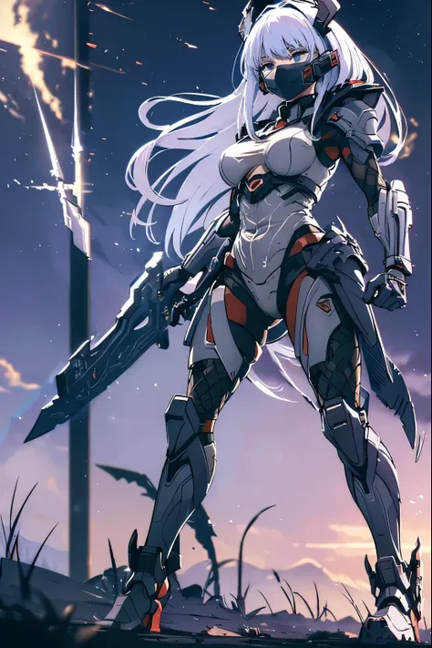 only exchanges the perfect weapon for a sword made of bones, metal and futuristic, scene in an apocalyptic landscape, warrior in an attack position, dark expression, realistic details, 4K, breasts, photo-realistic , dramatic lighting, dark tones, cold col...