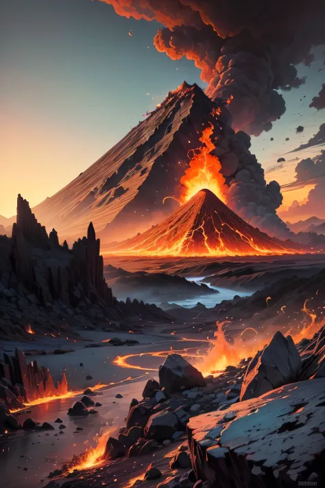 masterpiece, Volcanoes, Fire, aura, particles and harmony. Blue sky and rocks in the distance. Adventure landscape . Maximum quality,  Detailed.