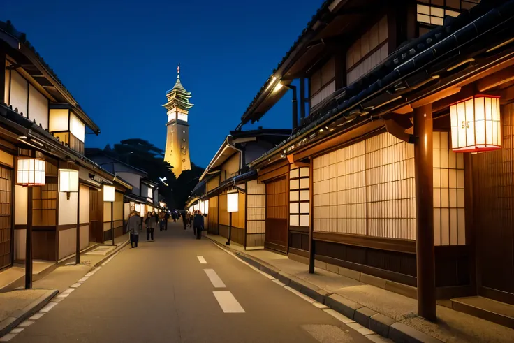 View of a street with a clock tower in the distance,  Japanese cities  at night,  Japanese Street, Kyoto japan setting,  Japan Deeper Travel Exploration ,  Japanese cities , , Japan at Night, Buildings Decorated with Ancient Japanese Architecture, Kyoto in...