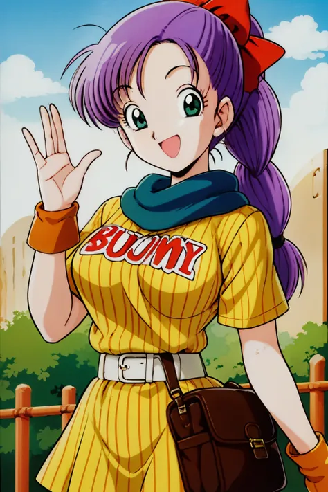 1990s\(  style\)、1990sアニメセル画 style、Best Quality、Hi-Res、( big eyes:1.2)、1 girl、、embarrassing、smile、( Big Breasts:1.2)、、masterpiece、 Best Quality、( 1 girl:1.4)、full body、masterpiece、Best Quality、Hi-Res、slender,busty,blmpony、 purple hair 、hair bow、braided pon...