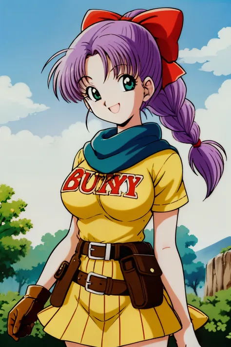 1990s\(  style\)、1990sアニメセル画 style、Best Quality、Hi-Res、( big eyes:1.2)、1 girl、、embarrassing、smile、( Big Breasts:1.2)、、masterpiece、 Best Quality、( 1 girl:1.4)、full body、masterpiece、Best Quality、Hi-Res、slender,busty,blmpony、 purple hair 、hair bow、braided pon...