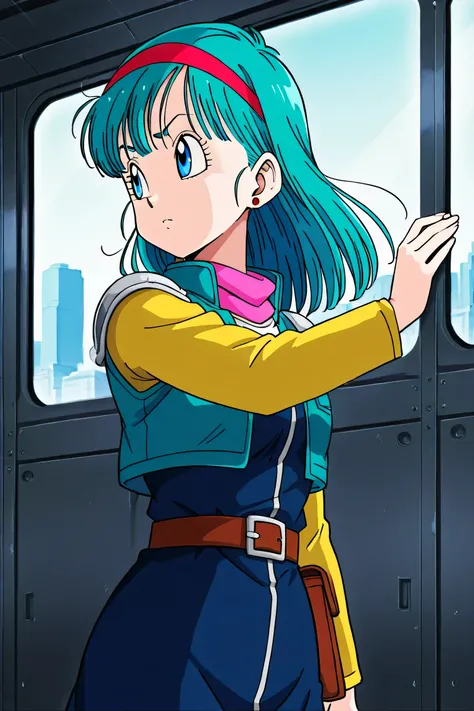 source_anime, score_9, score_8_up, score_7_up, anime screencap, absurd res, high quality, 
bulma, DBZ, namek outfit, namek saga, official style, , 1girl, solo, blue eyes, hand on wall, aqua hair, bangs, upper body, looking afar, stud earrings, belt, red ha...