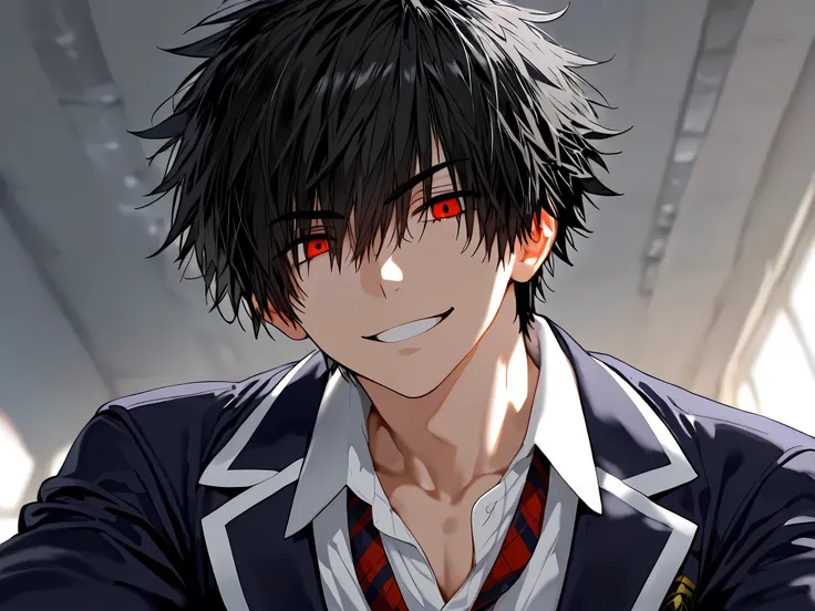 1male, strong, messy black hair, red eyes, school uniform, sexy, smiling