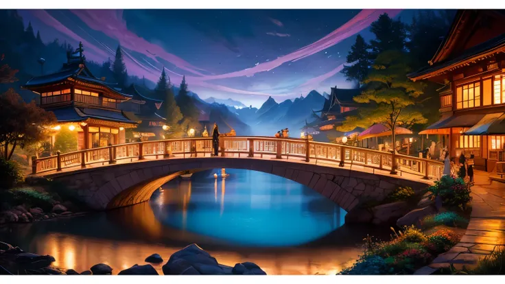 Detailed dreamscape, Inspired by Torii Kiyomasu, Inspired by Torii Kiyomasu II,  Colorful Magical Crystal Bridge, Magical Color and Atmosphere,  Inspired by Torii Kiyomitsu ,   Dan Mumford and Thomas Kinkade, Dreamy Landscapes ,  dreamy fantasy landscape p...