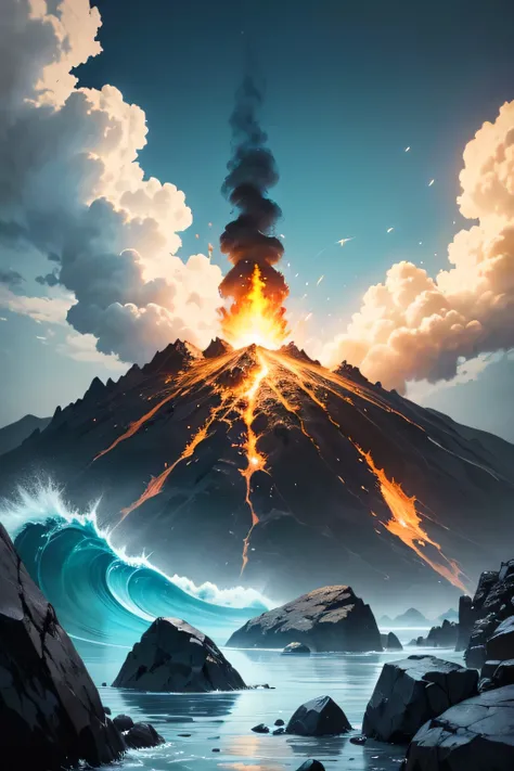 masterpiece, Volcanoes, Fire,  Energetic elements , aura, Wave, particles and harmony. Blue sky and rocks in the distance. Adventure landscape . Maximum quality,  Detailed.
