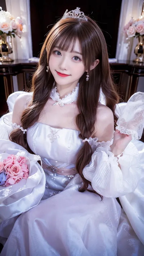 beautiful little princess woman, chestnut hair , beautiful eyes, smiling, actual , Full HD, very nice dress ,Fluffy dress ,Curvy body,Gorgeous scene,Gorgeous decoration