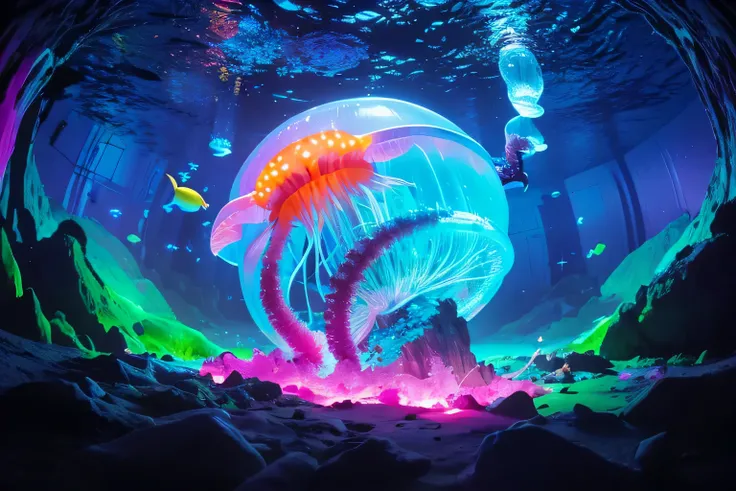 Jellyfish and Jellyfish pictures of colorful underwater scenes, Neon jellyfish,  Brilliant Tentacles , Trippy Art, Neon Bioluminescence ,  vivid brilliance ,  psychedelic art style ,  colorful fog in space vortex ,  Neon Color Bioluminescence , Jellyfish, ...